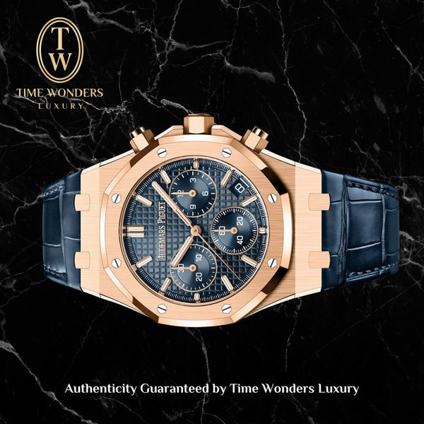 Lightly Used November 2022 Audemars Piguet Royal Oak Chronograph Gold w Blue Dial 26240OR 26240