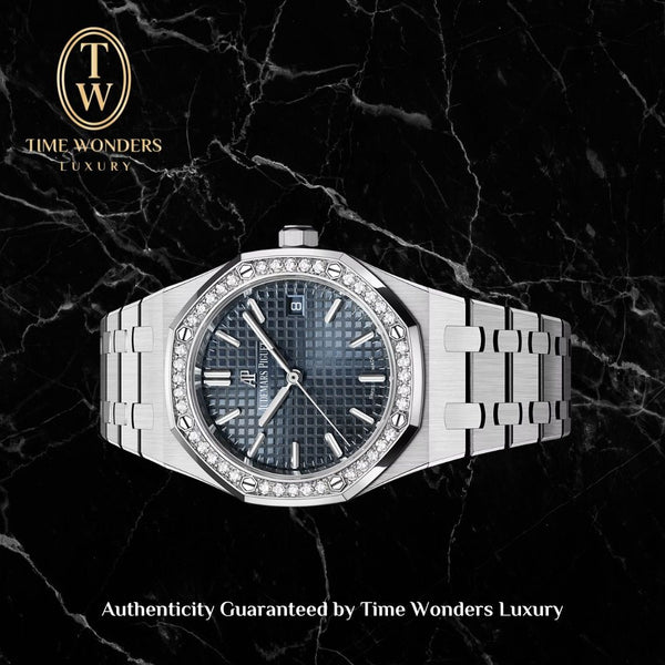 Like New 2020 Audemars Piguet Royal Oak 37mm Blue w Diamonds 77351ST 77351