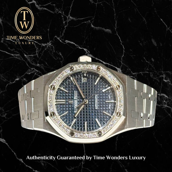LNIB May 2019 Audemars Piguet Royal Oak 15451ST 37mm Blue w Diamond Bezel 15451