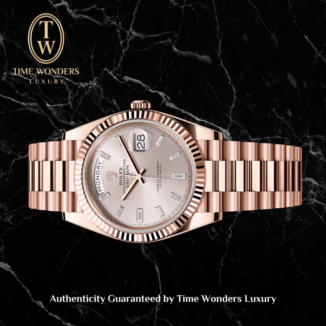 Like New September 2021 Rolex Day-Date 40mm Sundust Pink w Baguette Diamonds 228235 Daydate