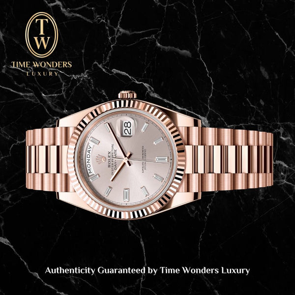 LNIB Rolex Day-Date 40mm Sundust Pink w Baguette Diamonds 228235 Daydate