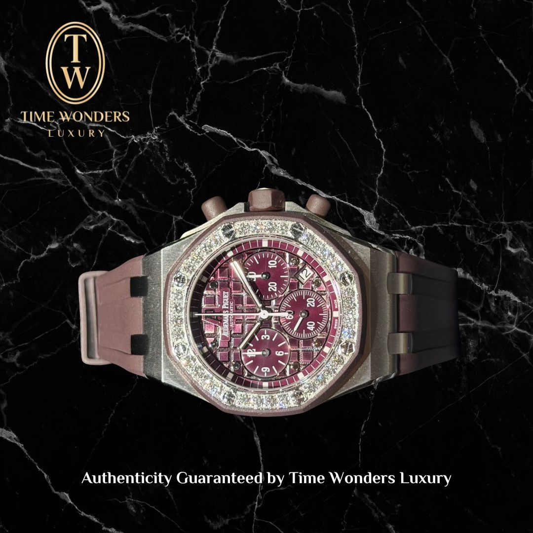Mint January 2014 Audemars Piguet Royal Oak Offshore 26048SK Purple Dial 37mm Stainless Steel Diamond Bezel