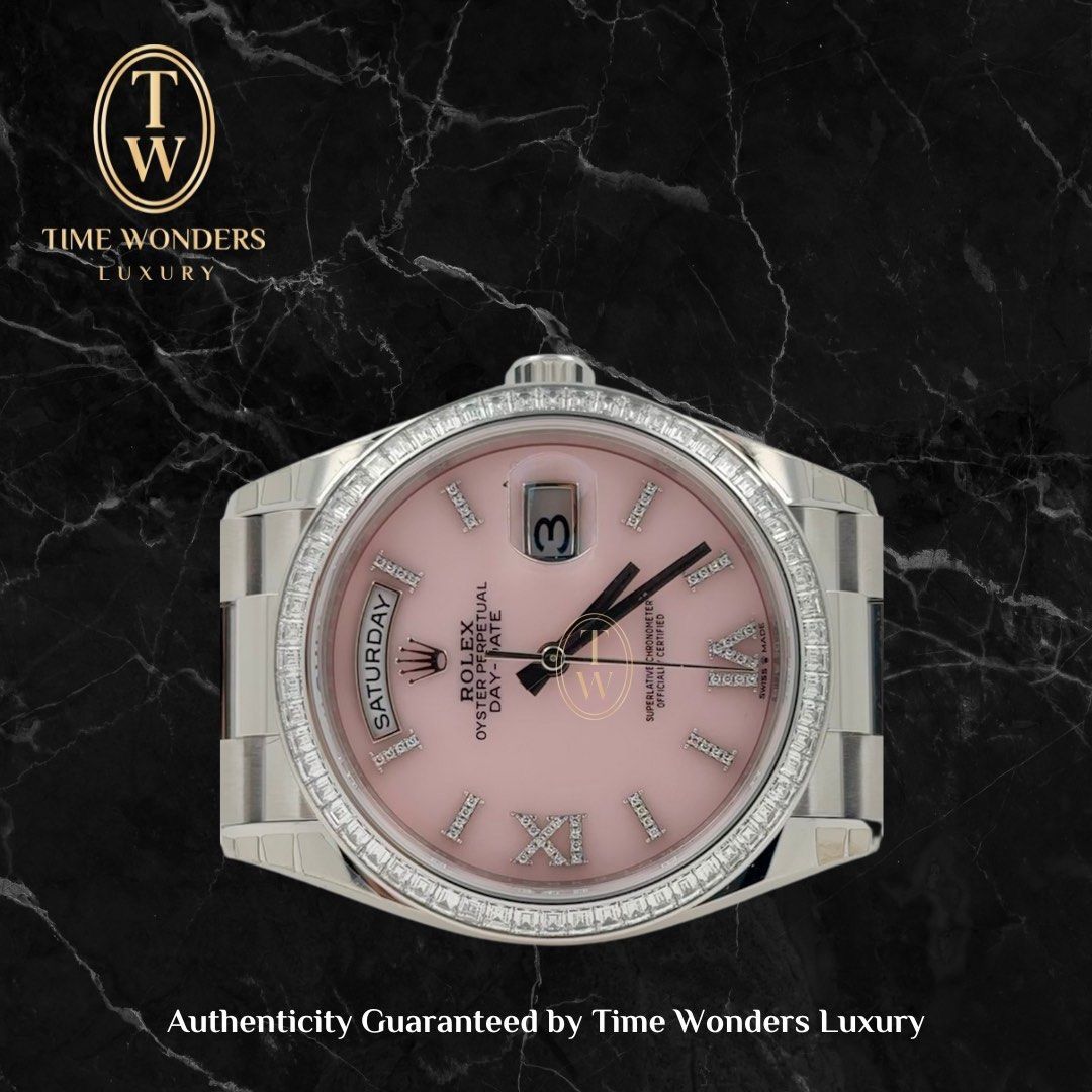 New 2023 Rolex Day-Date 36mm Pink 128396TBR Platinum w Baguette Diamond Bezel