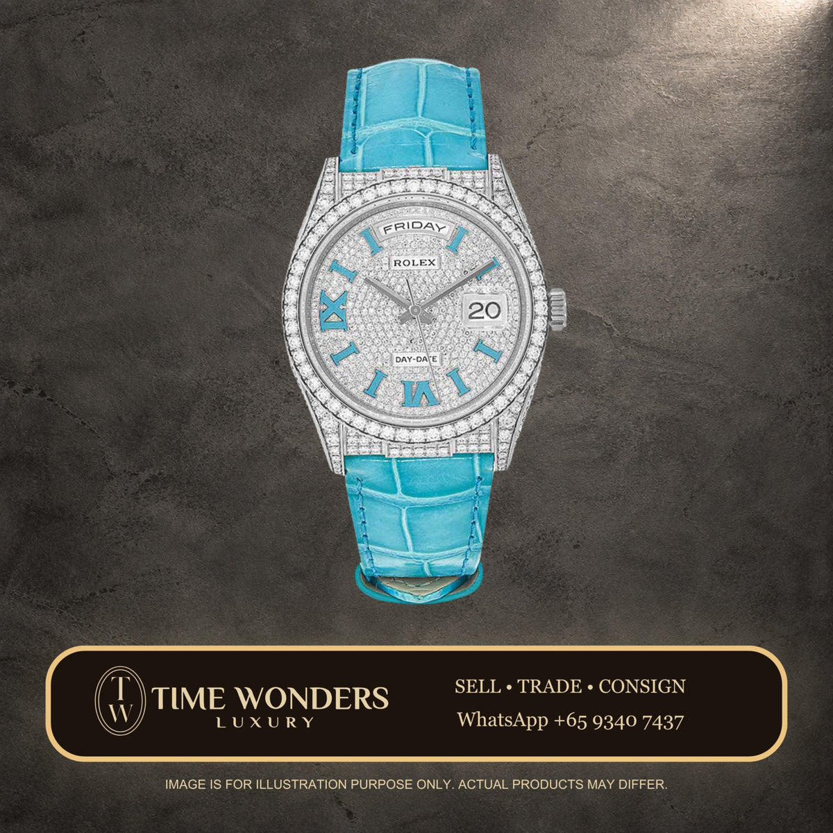 New April 2024 Rolex Day-Date 36mm White Gold Tiffany Blue Paved Diamonds 128159RBR Leather Strap 128159