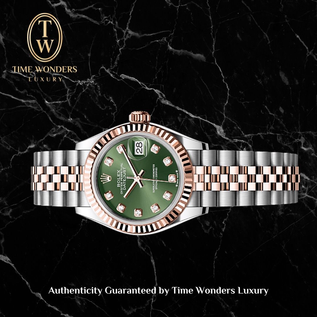 New April 2025 Rolex Datejust Two Tone Rose Gold 28mm Olive w Diamonds 279171