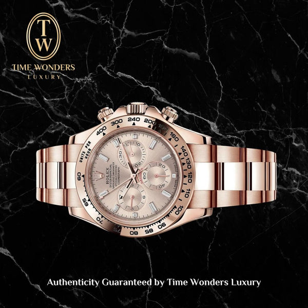 New December 2020 Rolex Daytona Rose Gold Champagne Dial Baguette Diamonds 116505