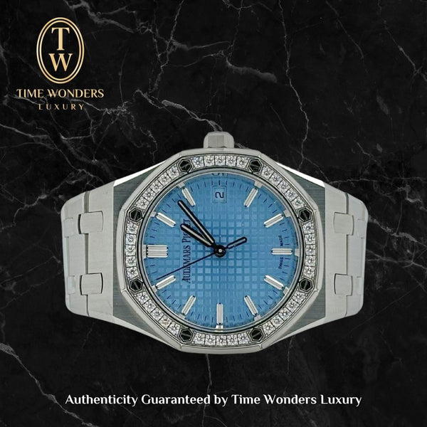 New Feb 2024 Audemars Piguet Royal Oak 34 77451ST 77451 Ice blue diamond bezel