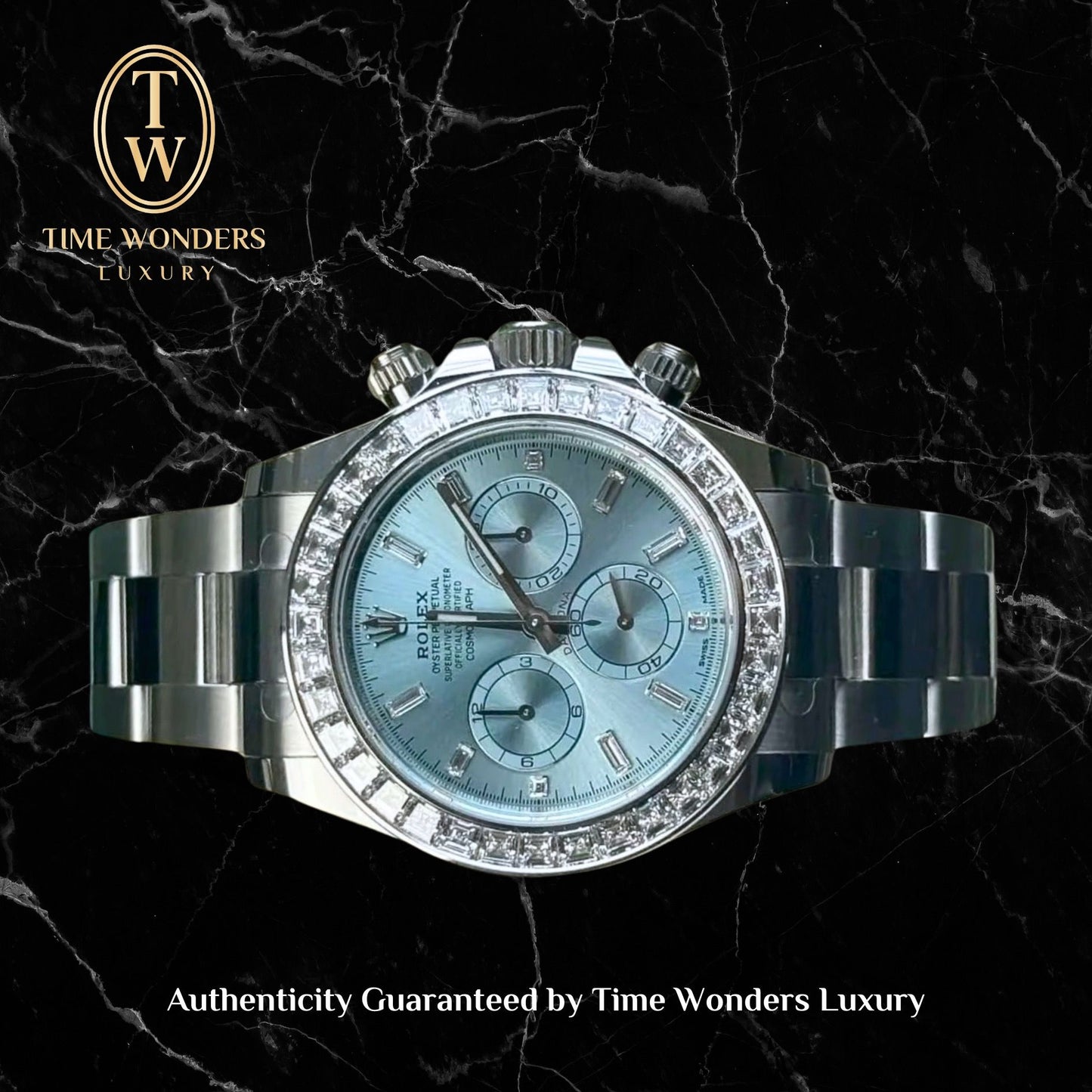 Mint October 2024 Rolex Daytona Platinum 126576TBR Baguette Diamond Indexes & Bezel 126576 Off-Catalogue Ice Blue