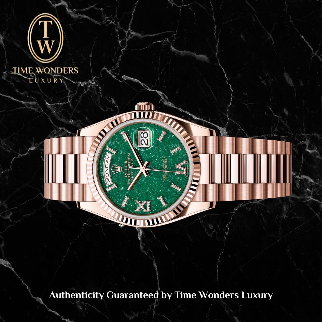 New July 2025 Rolex Day-Date Rose Gold w Green Aventurine Dial 128235