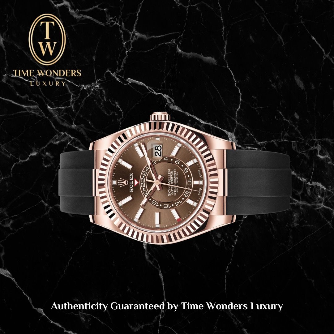 Like New May 2022 Rolex Sky Dweller Rose Gold 326235 Brown Dial Oysterflex
