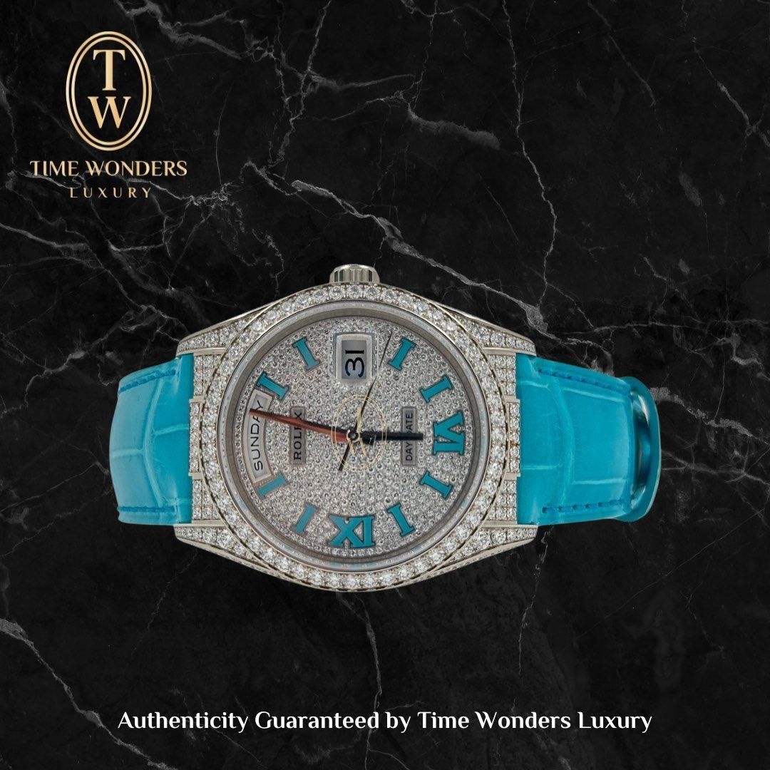 New September 2023 Rolex Day-Date White Gold Turquoise w Paved Diamond 128159RBR