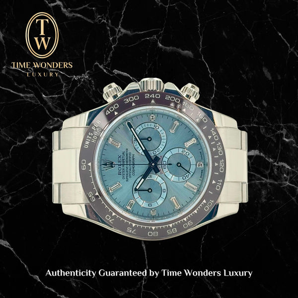 NOS Dec 2020 Rolex Daytona 116506 Platinum Ice Blue w' Baguette Diamond Hour Markers