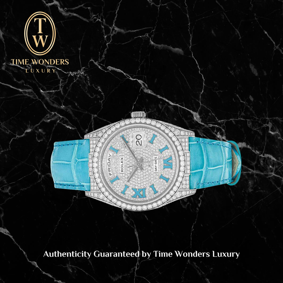 New May 2024 Day-Date 36mm White Gold Tiffany Blue Paved Diamonds 128159RBR Leather Strap 128159