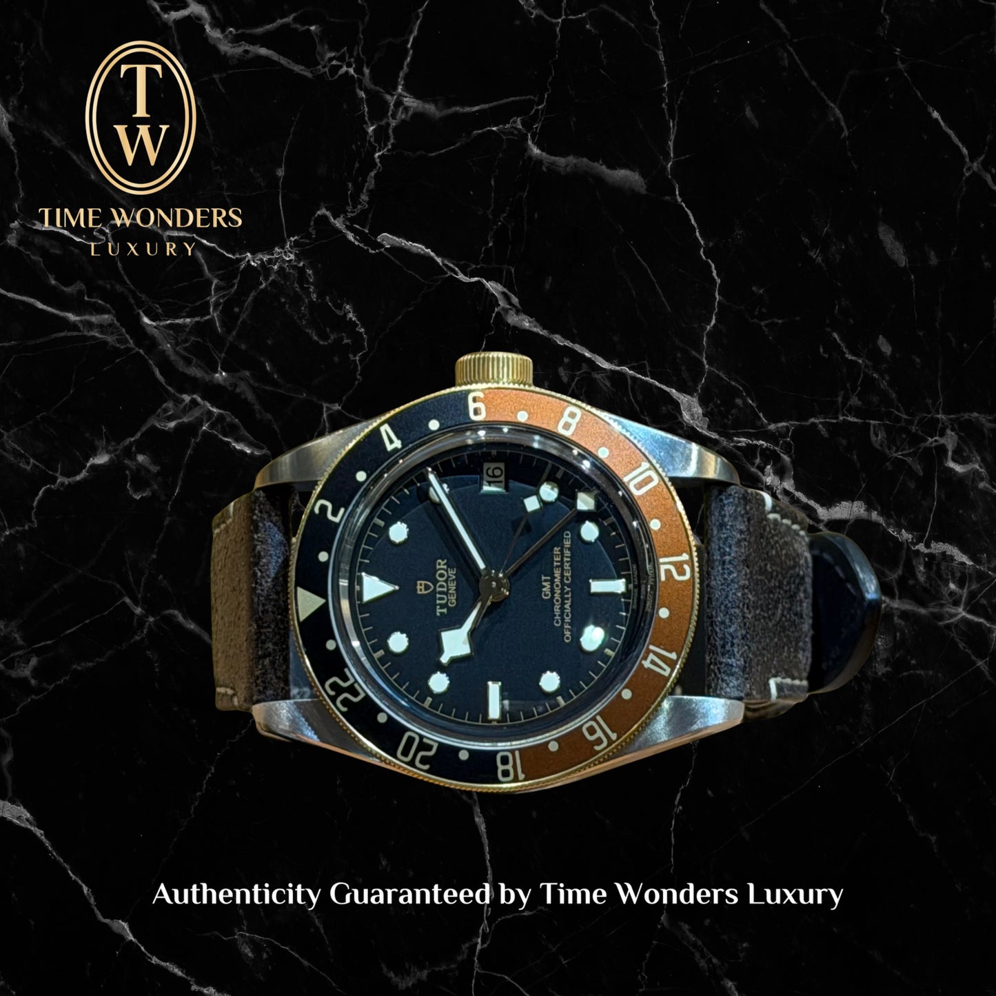 Mint September 2022 Tudor Black Bay GMT S&G Rootbeer 79833MN Leather strap Black Dial