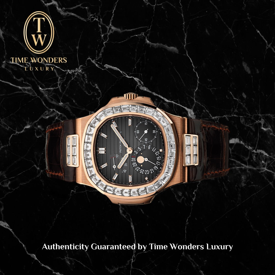 Mint Q4 2016 Patek Philippe Nautilus Moonphases 5724R-001 Rose Gold Brown Dial Baguette Diamonds 5724R 5724 Leather Strap