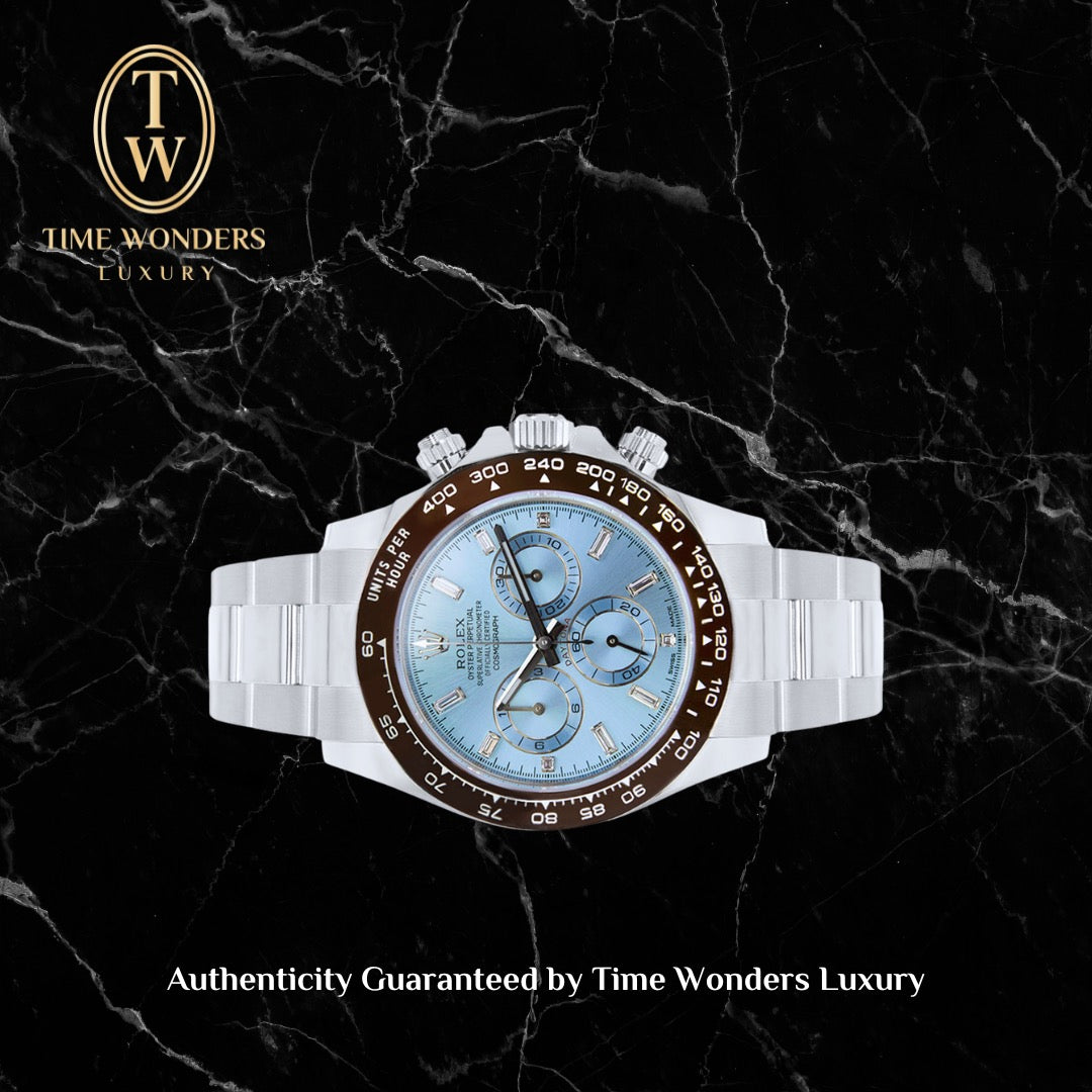 Mint February 2019 Rolex Daytona Platinum 116506-0002 Ice Blue Dial Baguette Diamonds 116506 40mm