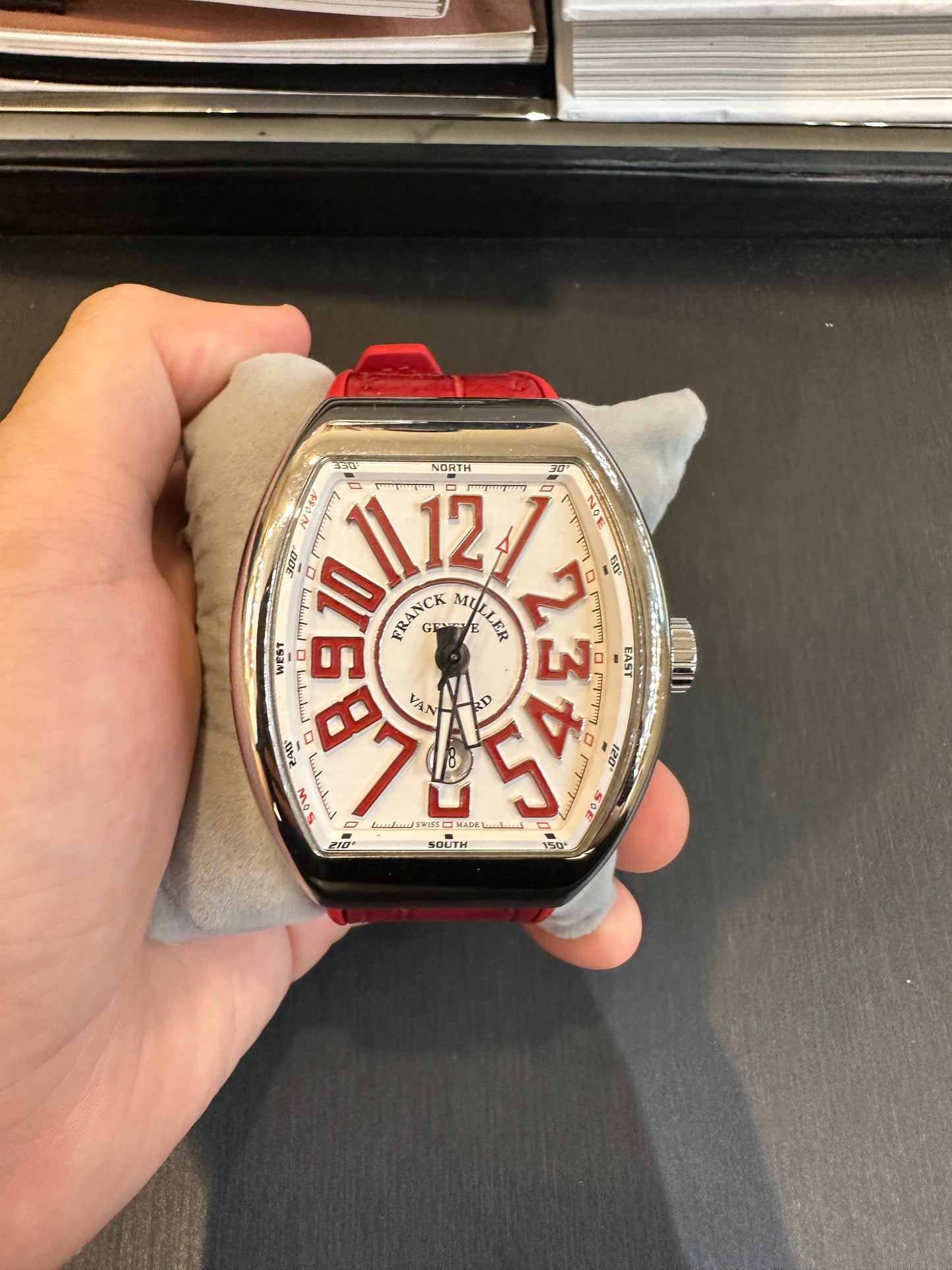 Franck Muller Vanguard Lady 32mm, White Dial, Red Leather on Rubber Strap