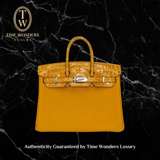 Like New 2017 Hermes Birkin Touch 25 Jaune Ambre Togo Leather & Niloticus Crocodile Silver Leather Bag Only