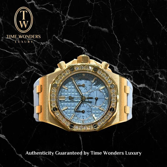 Lightly Used July 2023 Audemars Piguet Royal Oak Offshore 37mm 26231OR Blue Dial Rose Gold Diamond 26231