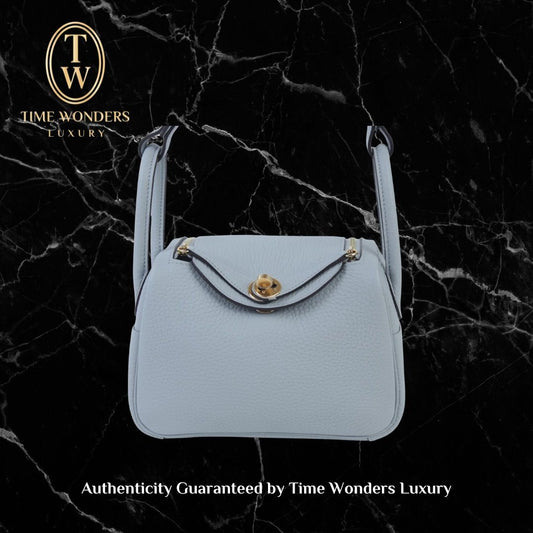 Like New 2021 Hermes Mini Lindy Bleu Galcier Gold Hardware Blue