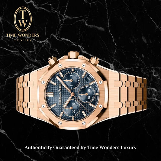 Like New  2022 Audemars Piguet Royal Oak 26240OR Chronograph Rose Gold Blue Dial 50th Anniversary 26240