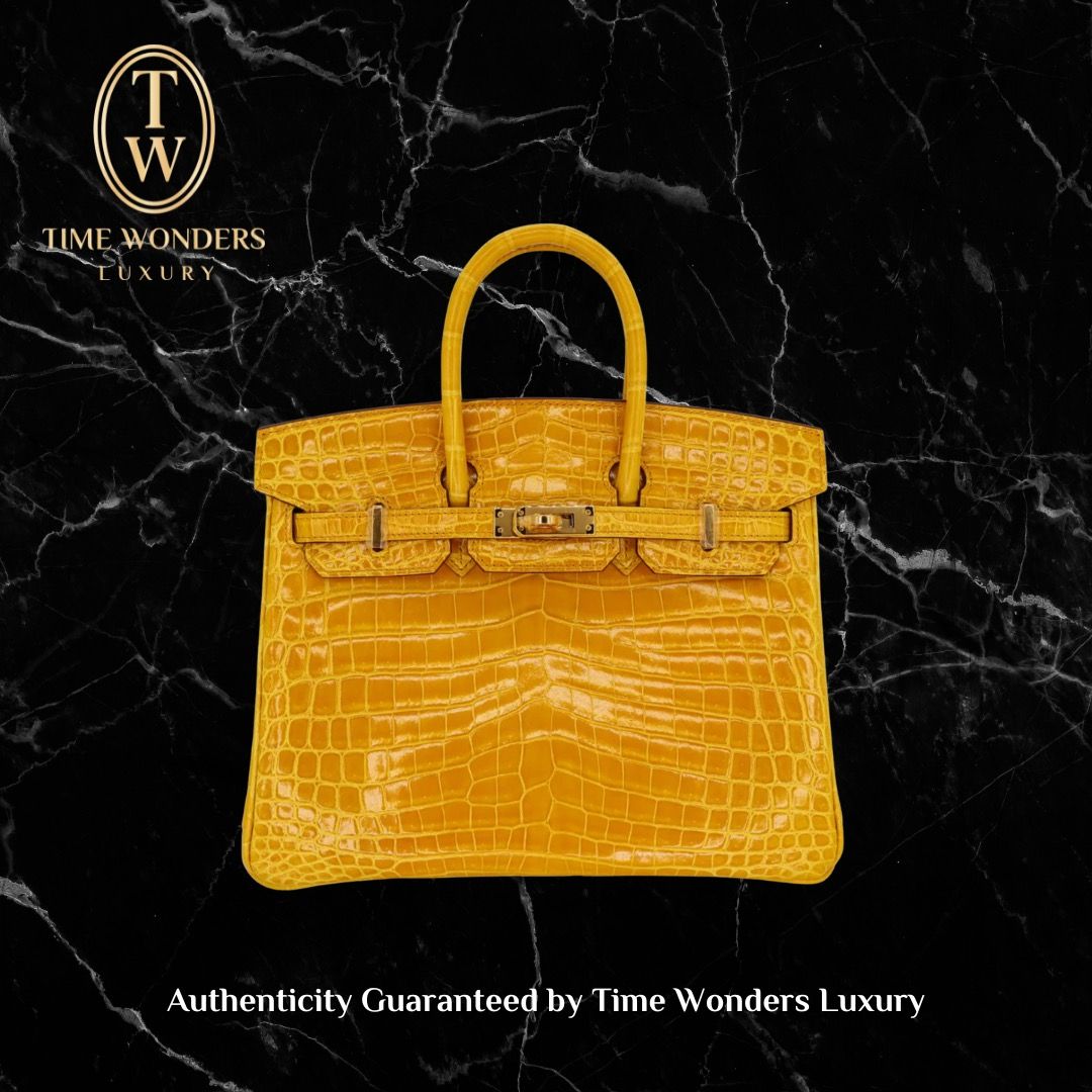 Like New Hermes Birkin 25 Jaune Ambre Shiny Niloticus Croc Gold Hardware