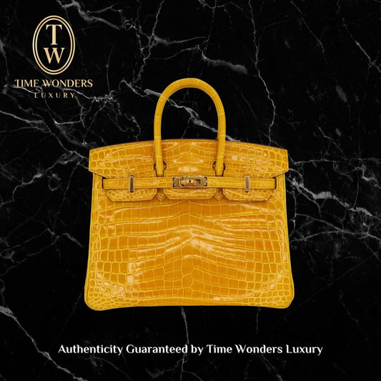 Like New Hermes Birkin 25 Jaune Ambre Shiny Niloticus Croc Gold Hardware