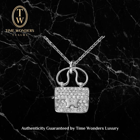 Like New Hermes Constance Charm Diamond Pendant 18k White Gold Necklace