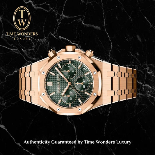 Like New March 2023 Audemars Piguet Royal Oak 26240OR Chronograph Rose Gold Green Dial 26240