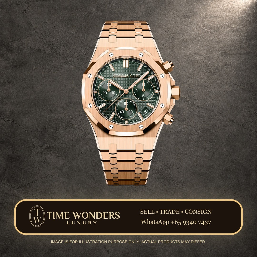 Mint March 2023 Audemars Piguet Royal Oak 26240OR Chronograph Rose Gold Green Dial 26240
