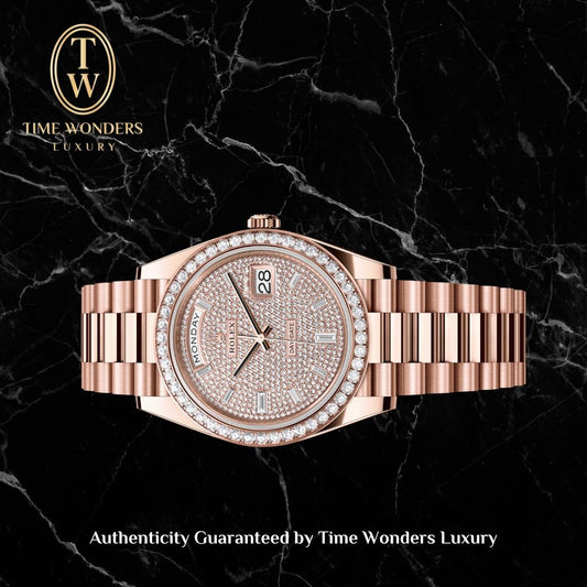 Like New May 2022 Rolex Day-Date 40mm 228345RBR Rose Gold Paved Diamonds 228345