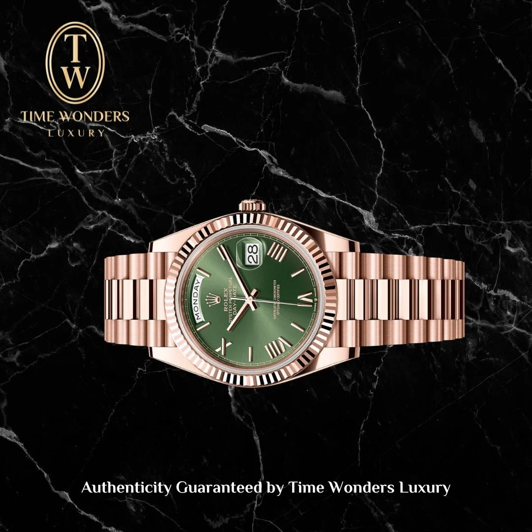 Like New May 2022 Rolex Day-Date Rose Gold 228235 Olive Green Dial 40mm Daydate Day Date