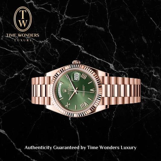 Like New May 2022 Rolex Day-Date Rose Gold 228235 Olive Green Dial 40mm Daydate Day Date