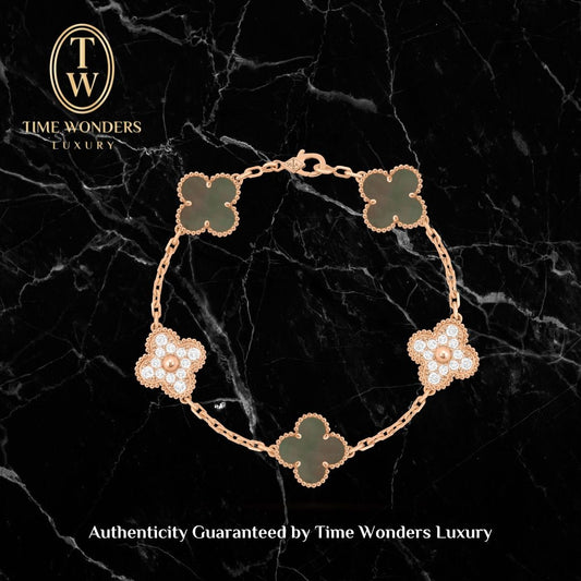 Like New September 2022 Van Cleef & Arpels VCARP2R100 Vintage Alhambra Rose Gold Bracelet 5 Motifs Mother Of Pearl Diamonds