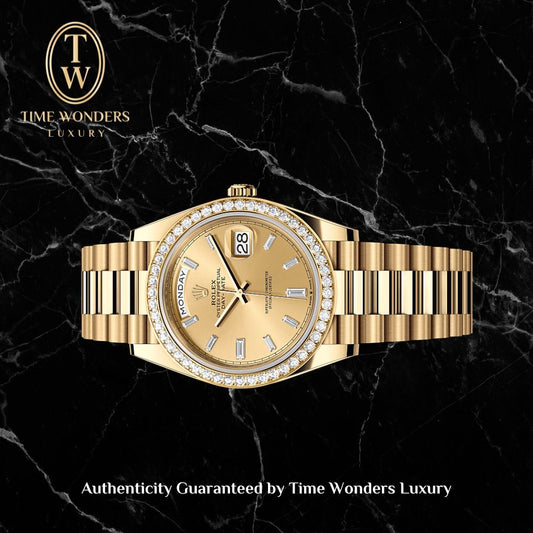 Used September 2024 Rolex Day-Date 40mm 228348RBR Yellow Gold Champagne Gold Dial Diamonds 228348