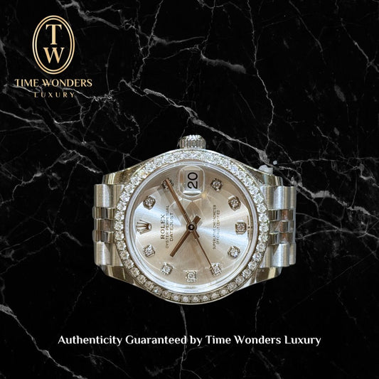 Mint Apr 2021 Rolex Datejust 31 278384RBR Diamond Bezel Silver Dial 10 Point Diamonds