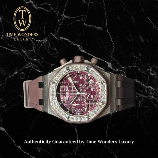 Mint January 2014 Audemars Piguet Royal Oak Offshore 26048SK Purple Dial 37mm Stainless Steel Diamond Bezel
