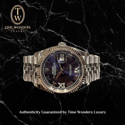 Mint March 2025 Rolex Datejust 36mm Purple 126234 Roman Indexes Diamonds