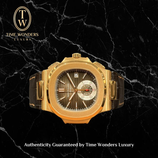 Mint Q4 2021 Patek Philippe Nautilus 5980R-001 Flyback Chronograph Rose Gold Brown Dial Leather