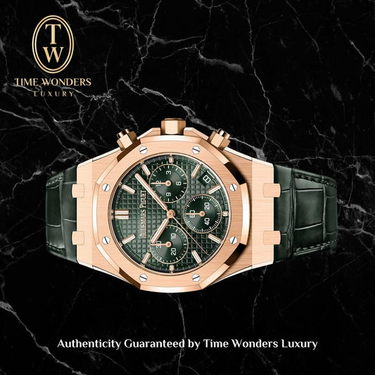 New 2026 Audemars Piguet Royal Oak 26240OR Chronograph Rose Gold Green Dial 26240 Leather