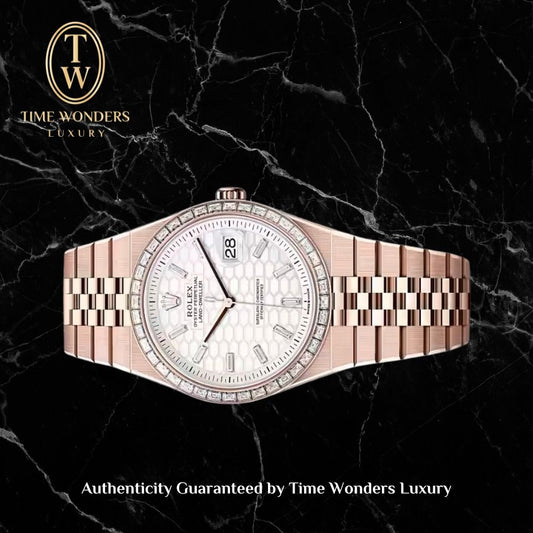 New December 2025 Land-Dweller 40 Rose Gold White Dial Baguette Diamond Bezel 127385TBR 127385