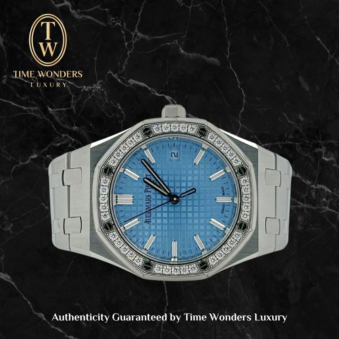 New Feb 2024 Audemars Piguet Royal Oak 34 77451ST 77451 Ice blue diamond bezel