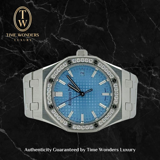 New Feb 2024 Audemars Piguet Royal Oak 34 77451ST 77451 Ice blue diamond bezel