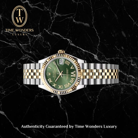 New January 2026 Rolex Datejust 31 Two-tone Yellow Gold Olive Green Dial w/ VI Diamonds 278273