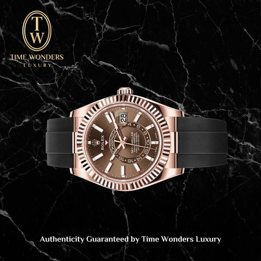 Like New May 2022 Rolex Sky Dweller Rose Gold 326235 Brown Dial Oysterflex