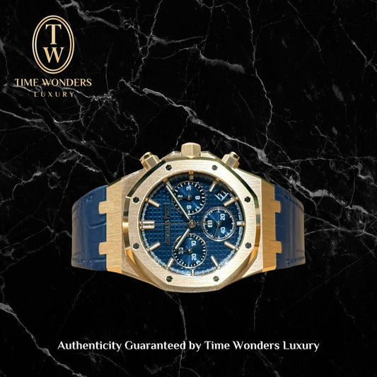 New Q2 2026 Audemars Piguet Royal Oak 26240OR Chronograph Rose Gold Blue Dial 26240 Leather