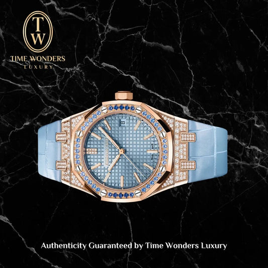 New Q4 2025 Audemars Piguet Royal Oak 15551OR Ice Blue Dial 37mm Blue Sapphire Bezel 15551