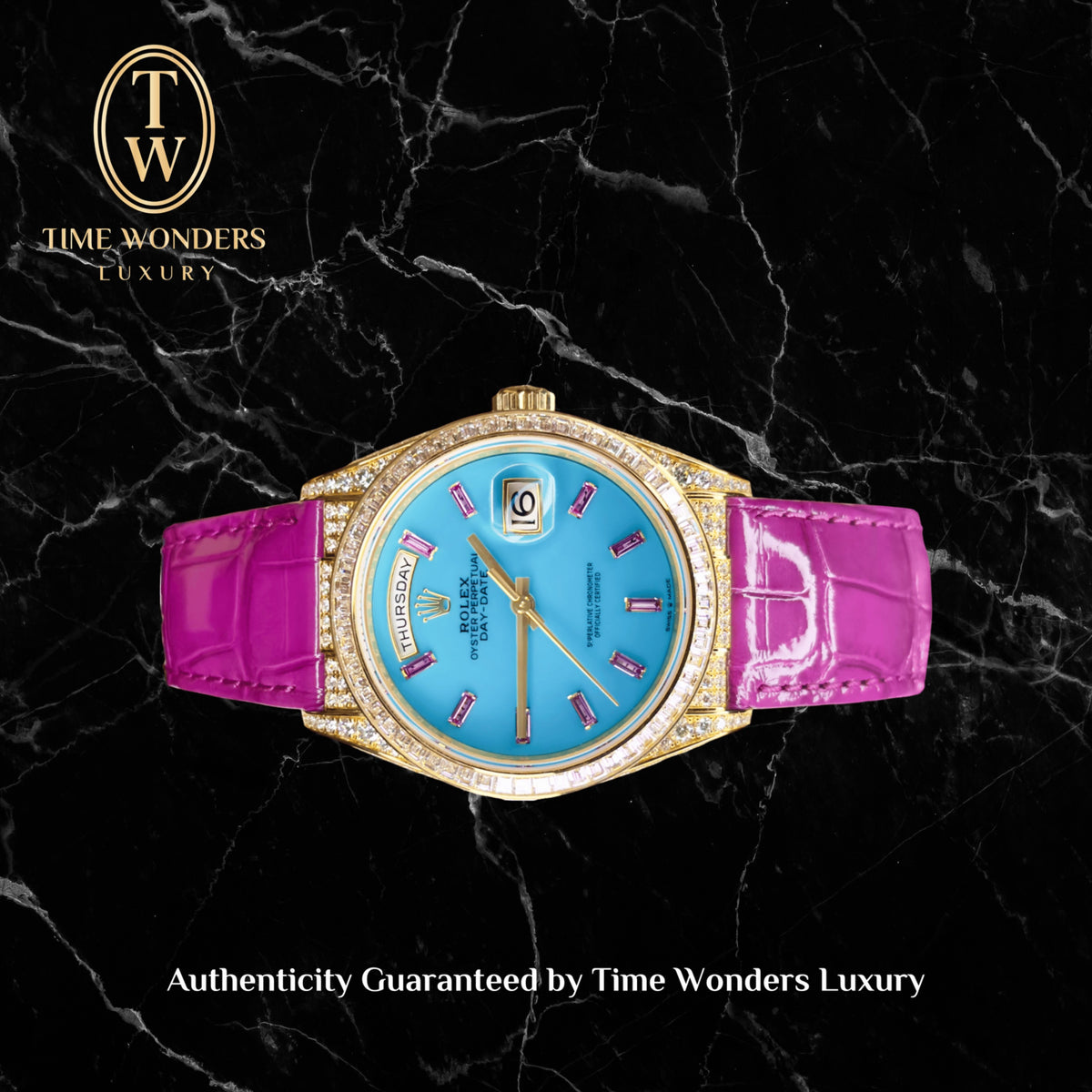 New November 2024 Day-Date 36mm Yellow Gold Turquoise Dial Purple Sapphire 128458TBR Leather Strap 128458