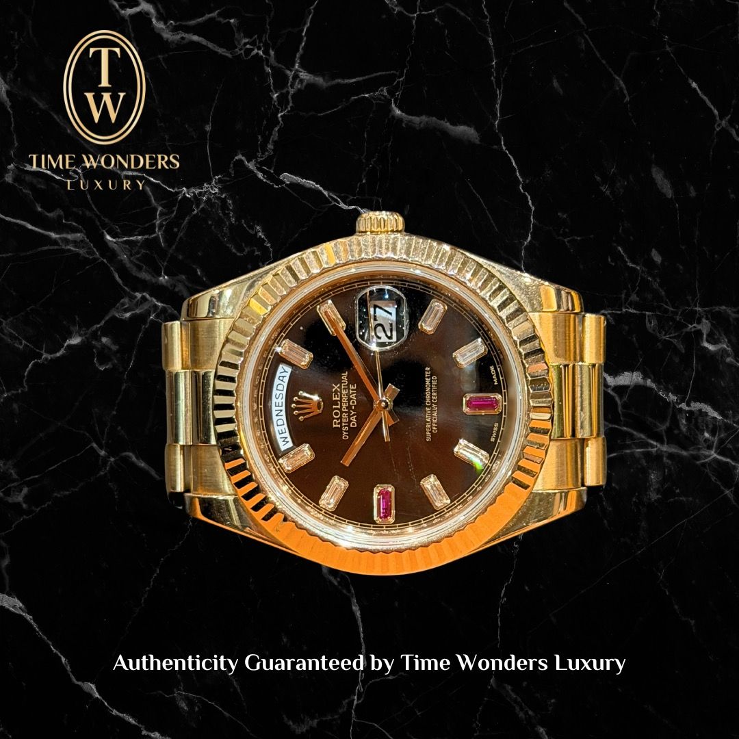 Used October 2011 Rolex Day-Date 41mm 218235 Rose Gold Red Ruby Baguette Diamonds