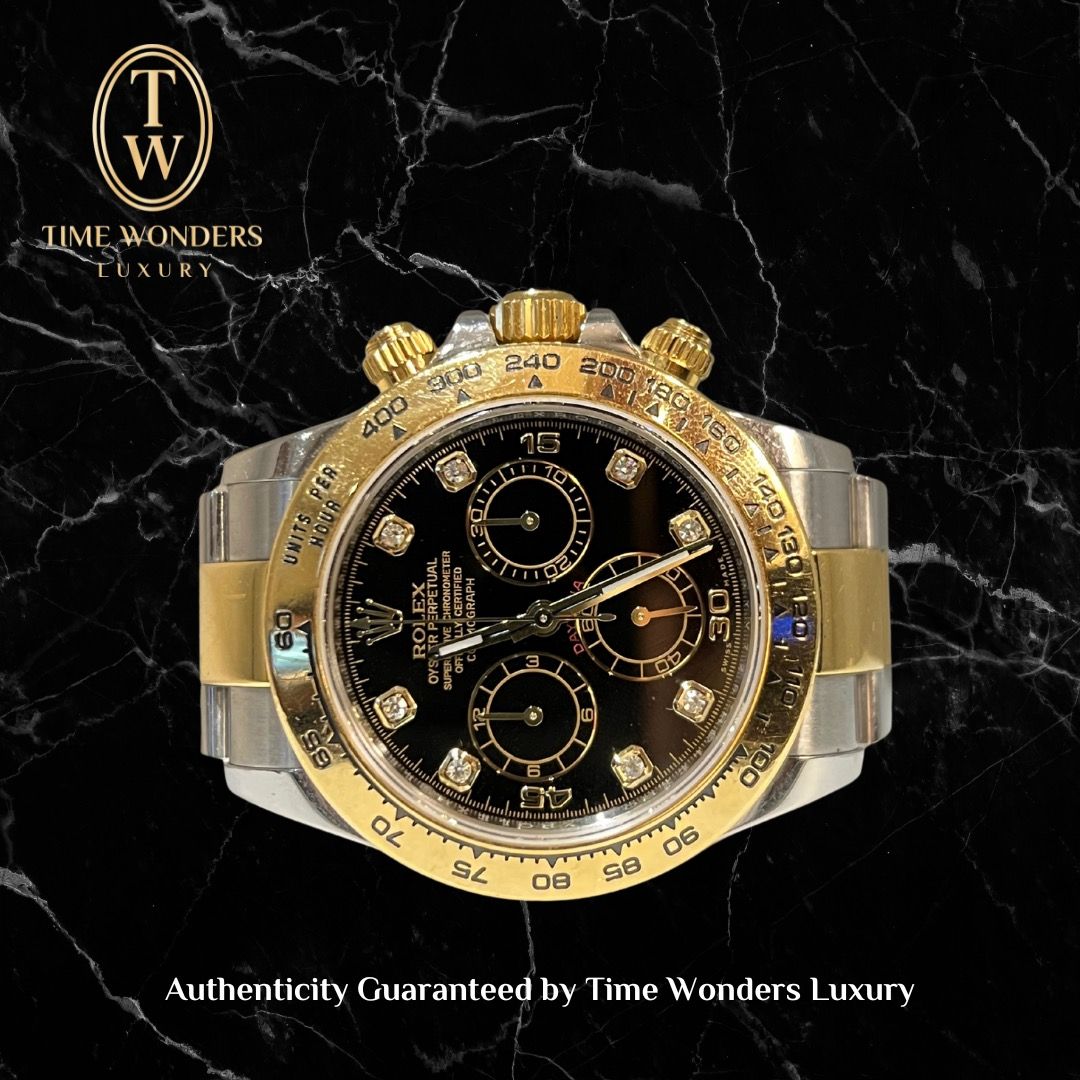 Rolex Daytona Two Tone Black Dial 116503 Yellow Gold w Diamonds